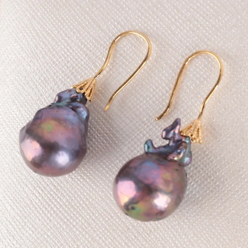 

HUGE Freshwater Pearls Blue Baroque Pearl Earrings 18K Gold Plating Hoop Teens Art Everyday Gemstone Anniversary Men Silver