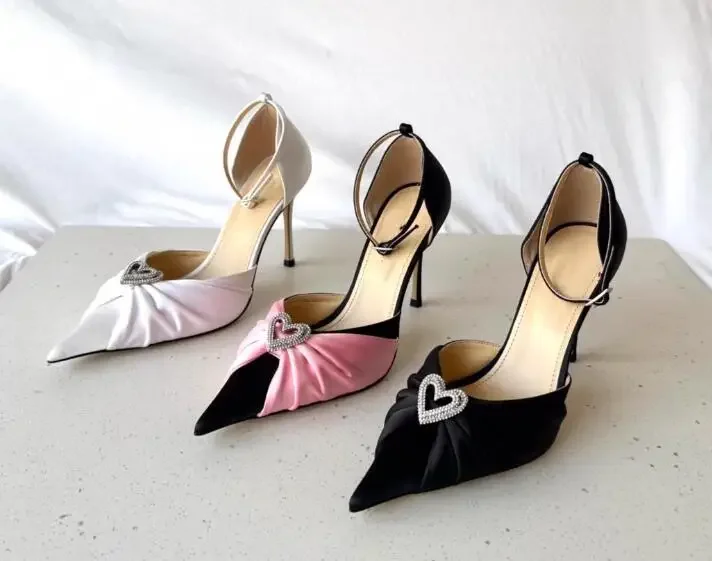 

Mach Double Heart Pointed Toe Satin Pumps Ladies designer high heels fashion wedding party shoes cheap sale online slingback