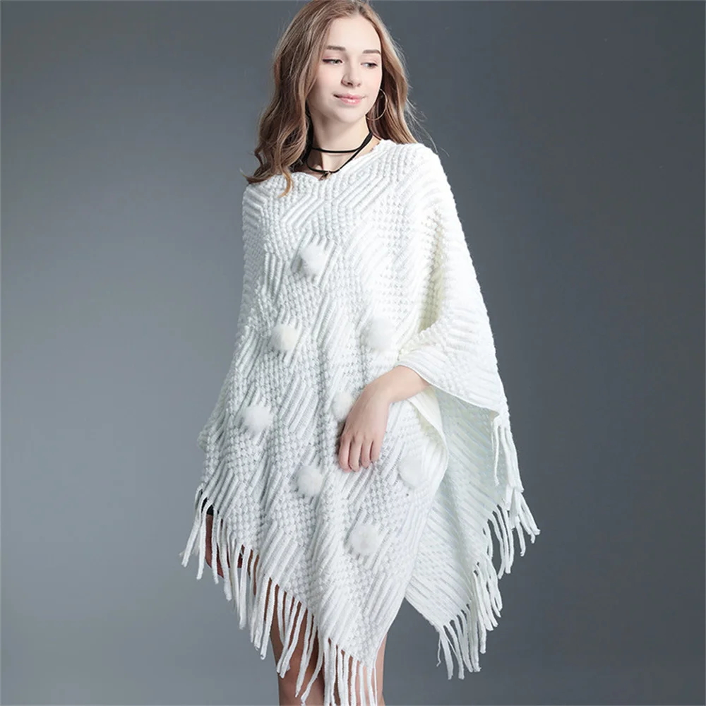 

Women Pompon Sweater Tassel Loose Knitwear Batwing Sleeves Ball Out Street Shawl Poncho Cape V Neck Knitted Striped Pullover