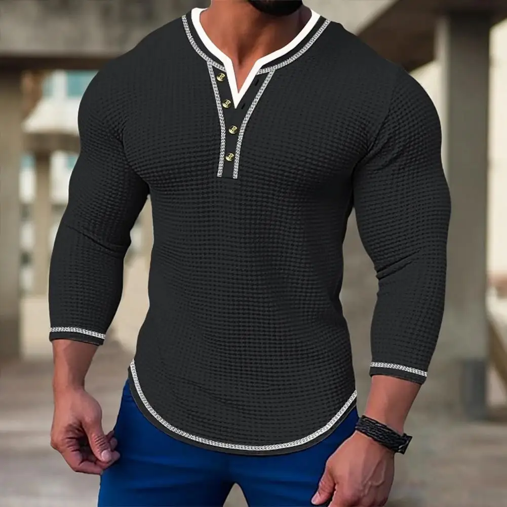 

Men Button-down Collar T-shirt Men's Slim Fit Long Sleeve Waffle Texture Henley Shirt with Button Detail Soft Breathable for Men