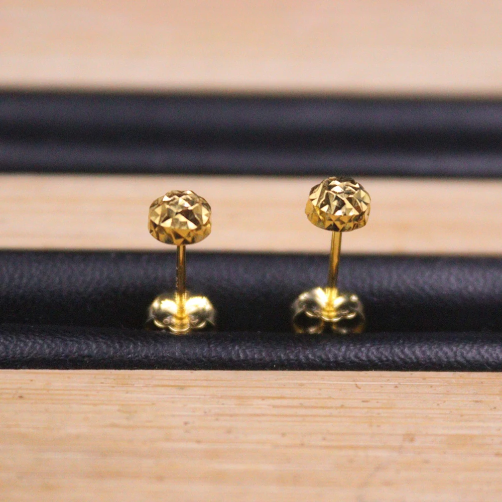 

Authentic Real 18K Yellow Gold Women Earrings Carved Half Ball Stud Earrings 5mmW