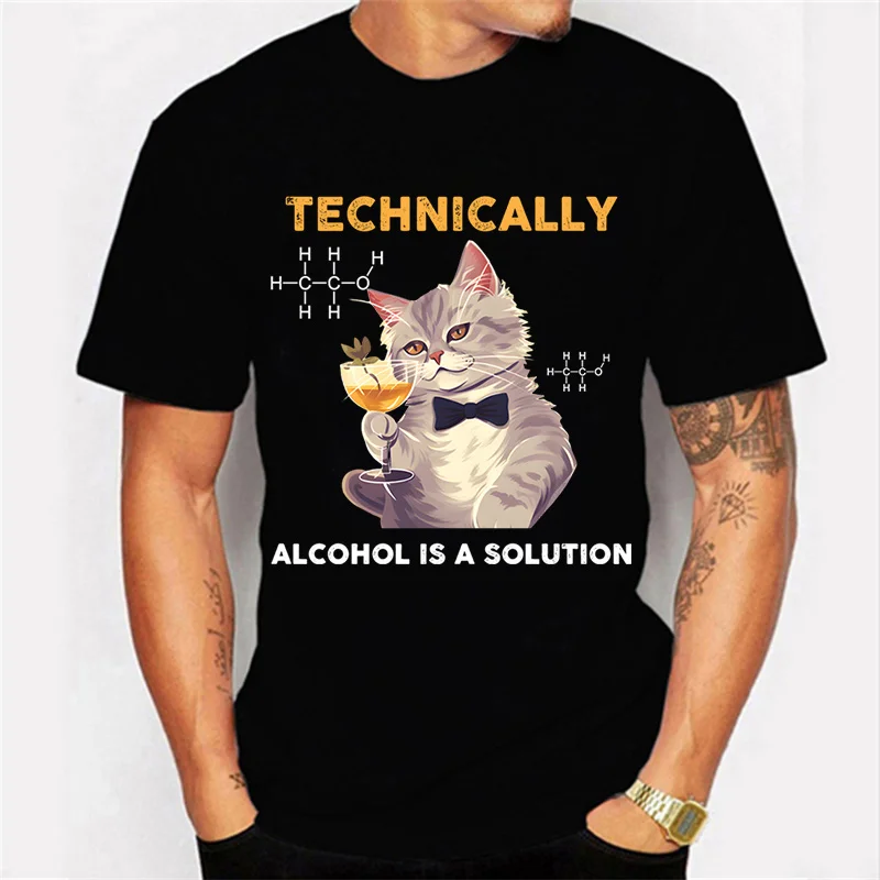 

Technically Alcohol Is A Solution Graphic Tshirt Funny Cat Drinking Beer Tshirt Fashion Harajuku T-shirt Women Men Brand Tshirt