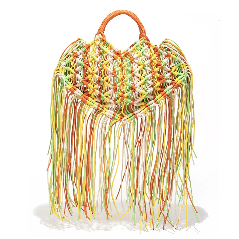 

New Original Mixed Color Cotton Rope Vocation Totes Summer Beach Hollow Out Weaving Handbags Long Tassels Tote Bags
