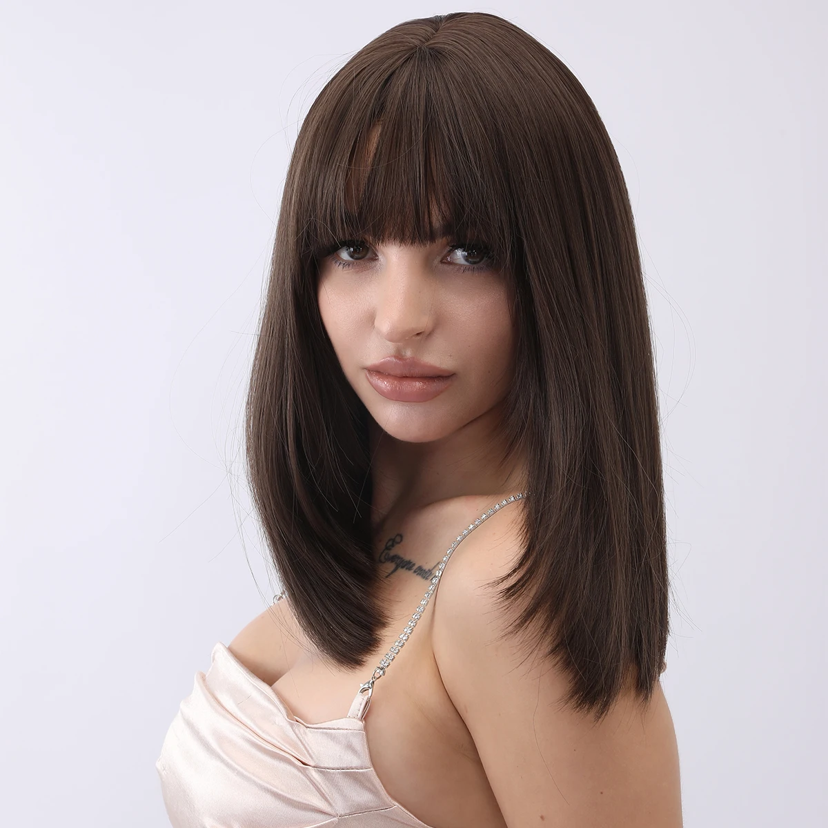 

Straight Bang Dark Brown Short Bob Wig Women Straight Natural Synthetic Fiber Wigs Daily Cosplay Party Heat Resistant Fiber Hair