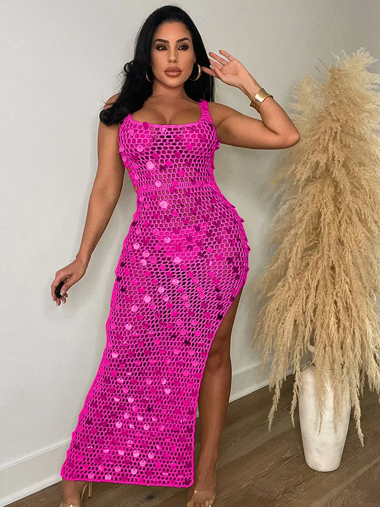 

Sexy Knit Crochet Hollow Out Sequined Maxi Dress Women Sleeveless Club Evening Party Dresses See Through Side Slit Bodycon Dress