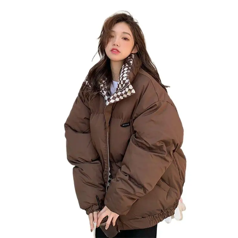 

Новинка зимние женские куртки с воротником-стойкой ультра тонкие дизайнерские шахматные простроченные толстые уличные шикарные теплые пальто