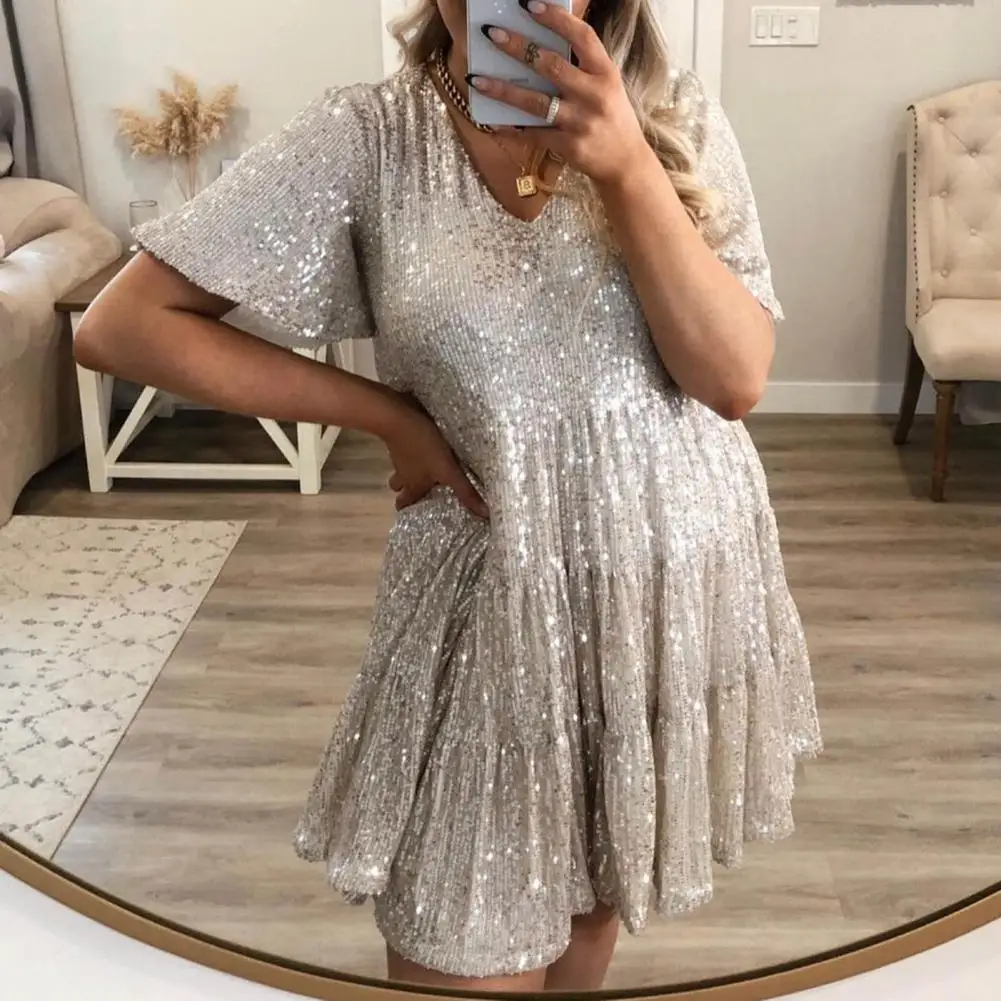 

Dresses Shiny Sequin A-line Patchwork Big Swing V Neck Pleated Round Neck Short Sleeve Prom Party Above Knee Mini Dress