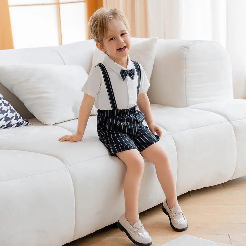 

Little Boys Formal Strap Shirt Shorts Bowtie Wedding Birthday Dress Kids Summer Clothing Set Children Piano Performance Costume