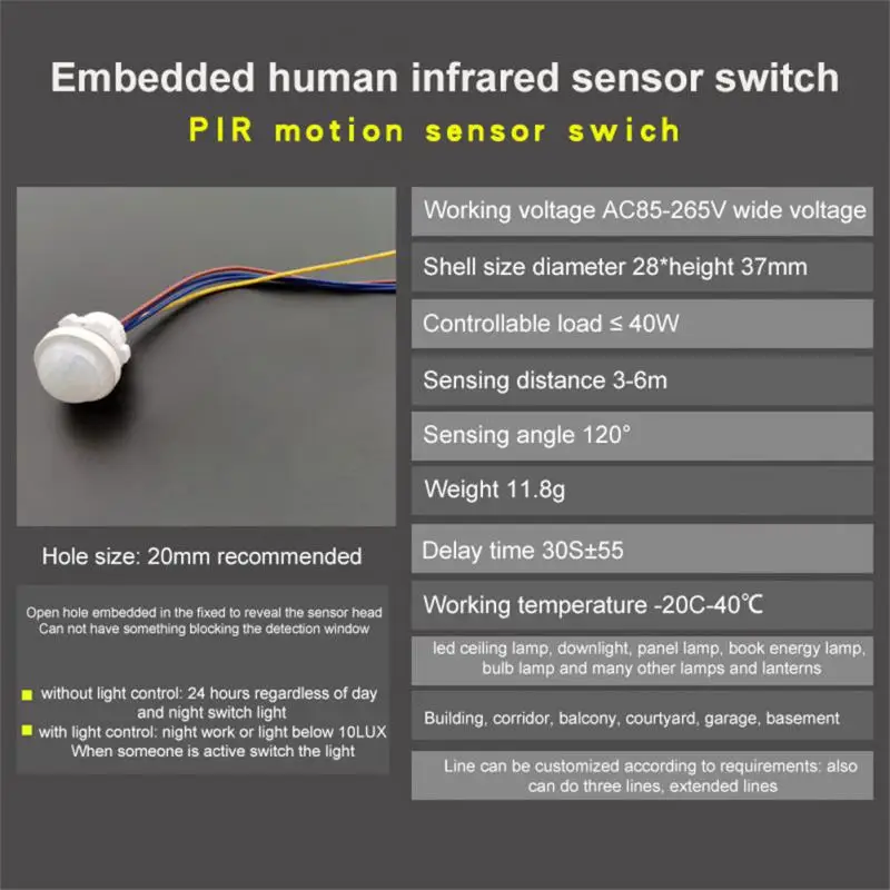 

Human Body Sensor Adjustable LED Night Light Sensor Switch PIR Infrared Human Body Induction Motion Sensor Detector Switch 2023