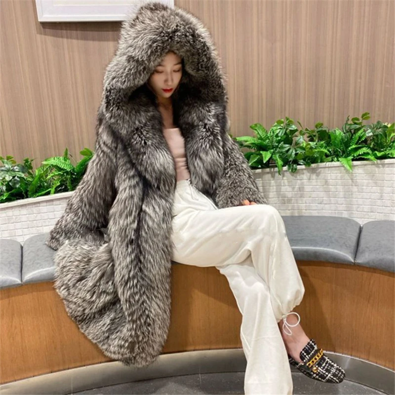 Winter Fashion New Mid Length Hooded Long Sleeve Loose Thickened Warm Imitation Fox Hair Silver Fox Temperament Fur Coat Women's
Winter Fashion New Mid Length Hooded Long Sleeve Loose Thickened Warm Imitation Fox Hair Silver Fox Temperament Fur Coat Women's
