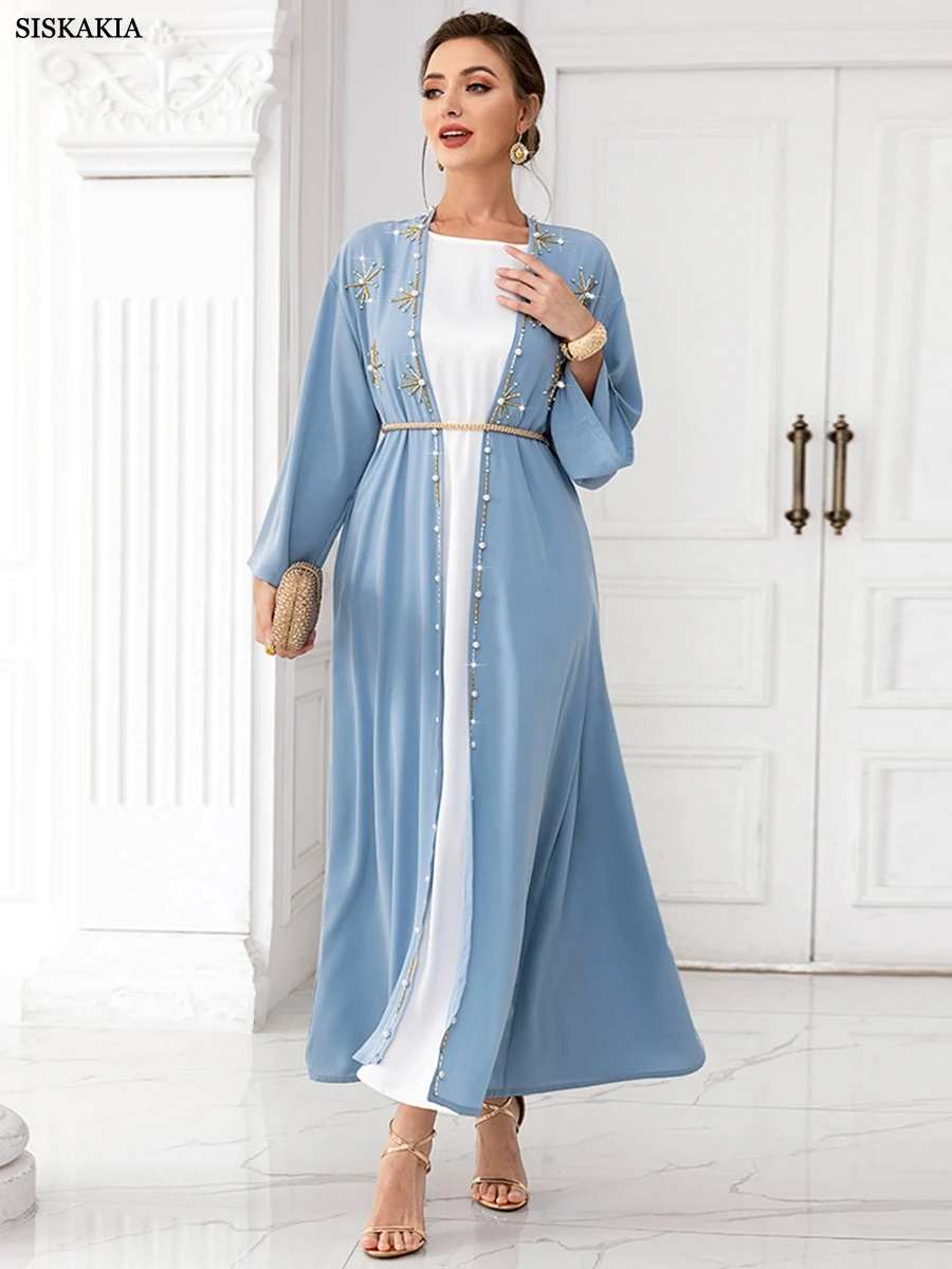

Siskakia Open Kimono Abaya Dubai Islamic Caftan Jalabiyat Blue Holiday Handwork Rhinestone Full Sleeve Belted Arab Africano Robe