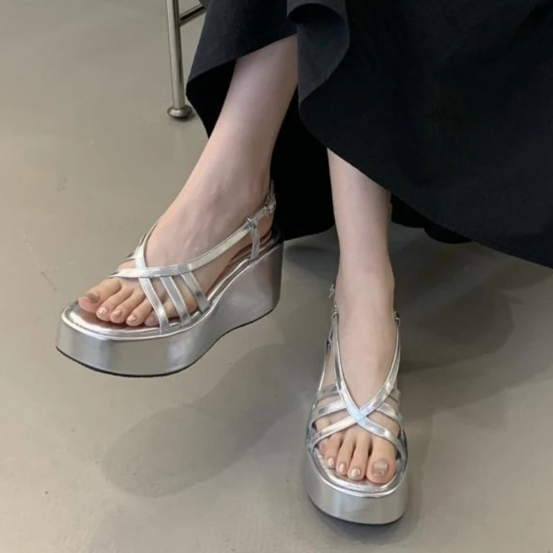 Silver Cross Tied Wedge Women Thick Heel Sandals 2025 Summer New Designer Open-toe Flat Roman Shoes Fashion Casual Office Sandal 38 Scfb8eb0e661c43f0b2c749cc08f47a8et