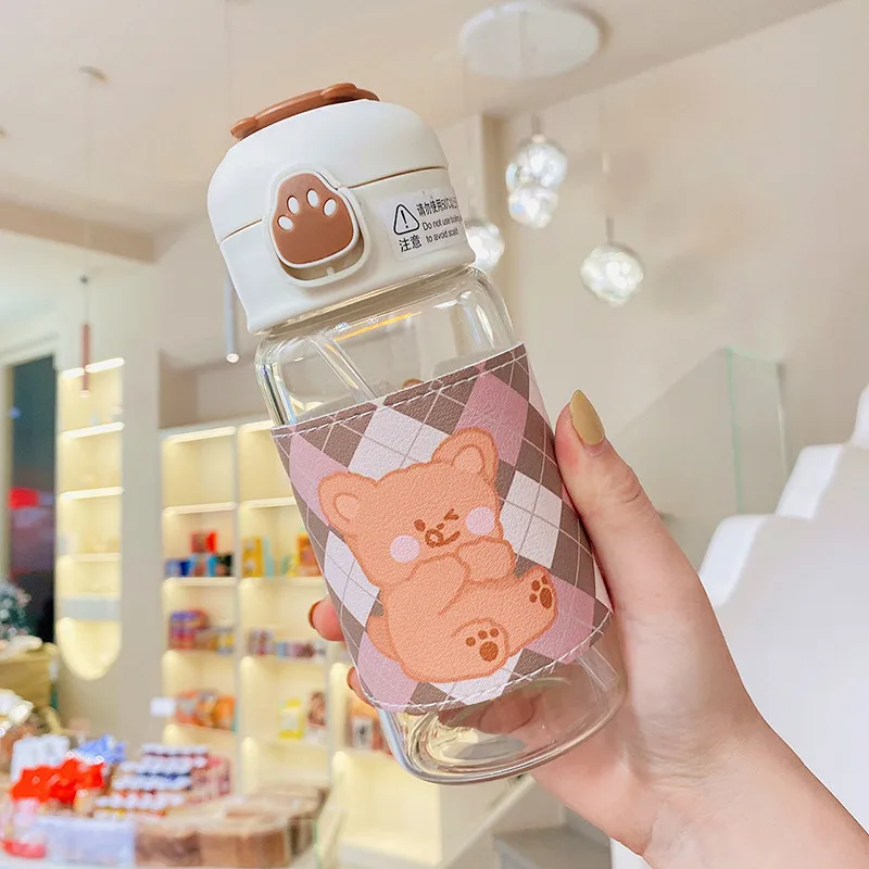 Kawaii Cartoon Glass Water Bottle with Straw 13oz Kawaii Cartoon Glass Water Bottle with Straw 13oz