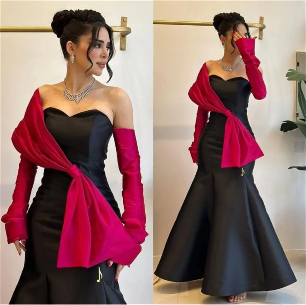 

Romantic Black And Fuchsia Mermaid Prom Dresses Remove Sleeve Single Shoulder Formal Evening Gown Floor Length Bow Tie Dresses
