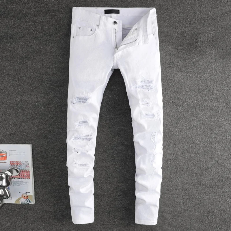 

High Street Fashion Men Jeans White Elastic Stretch Skinny Ripped Jeans Men Beading Patched Designer Hip Hop Brand Pants Hombre
