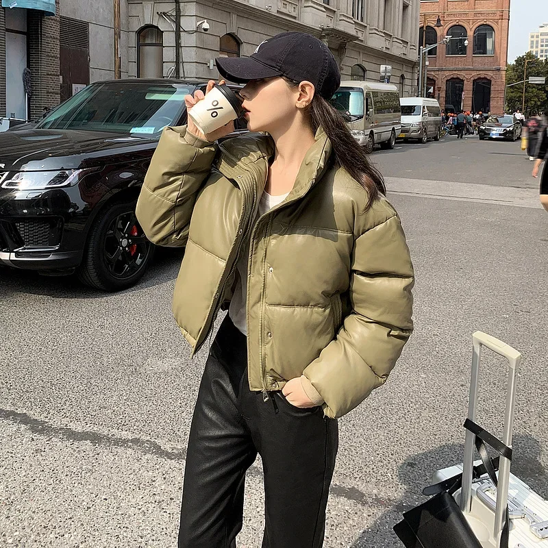 

Stand Collar Leathe Parkas for Women Fall Winter Solid Casual Short Jacket Fashion Thicken Warm Zipper Down Coats