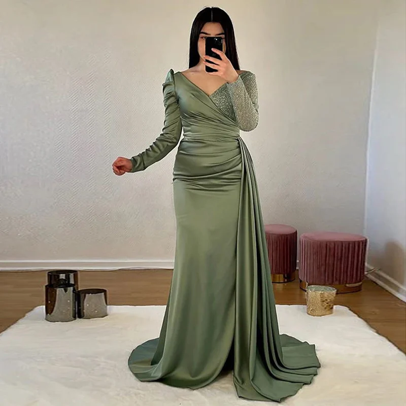 Elegant V-Neck Army Green Evening Dresses Long Sleeves Mermaid Prom Gown Plus Size Satin Wedding Party Dress Robe de Soiree
Elegant V-Neck Army Green Evening Dresses Long Sleeves Mermaid Prom Gown Plus Size Satin Wedding Party Dress Robe de Soiree