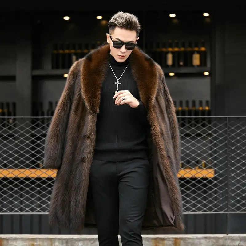 

Winter Autumn Faux Mink Fur Long Jacket Black Man Loose Warm Fur Coat Europe Men Slim Overcoat Fashion Leisure Trench Coat Brown