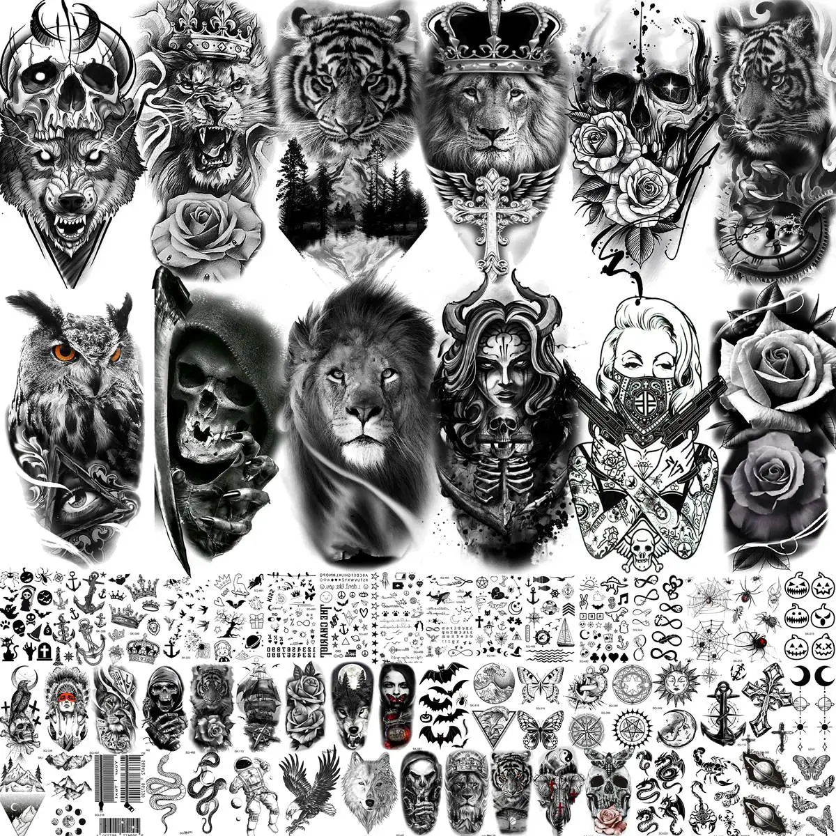 

63 Sheets Black Lion Wolf Temporary Tattoos For Women Men Arm Fake Tiger Tattoo Sticker Scary Skull Skeleton Tatoos Owl Flower