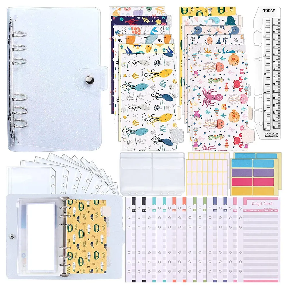 

A6 PVC Binder Cover, Budget Sheets,Storage Card Bags,Blank Stickers for 6-Ring Cash Envelopes,Daily Money Planner D