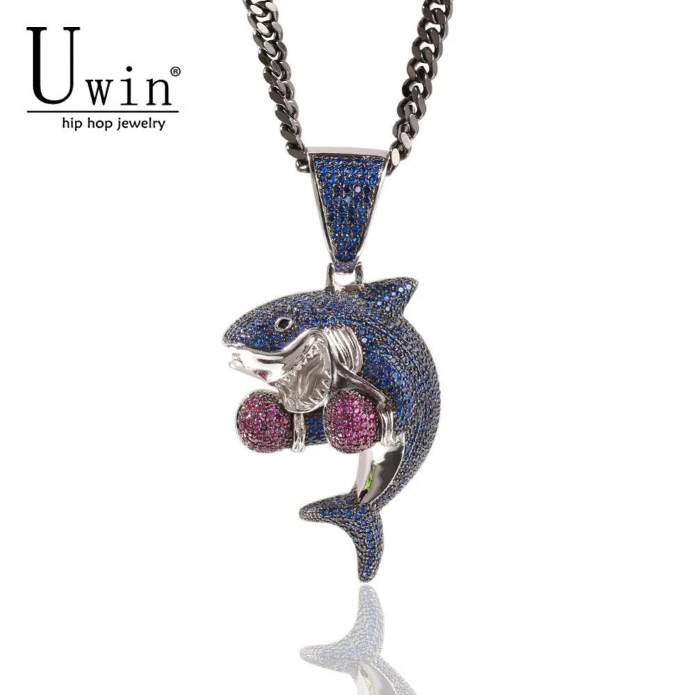 

Uwin Boxing Shark Pendant Cute Fashion Copper Material Necklace Hip Hop Bling Purple Blue Charm Chain Jewelry