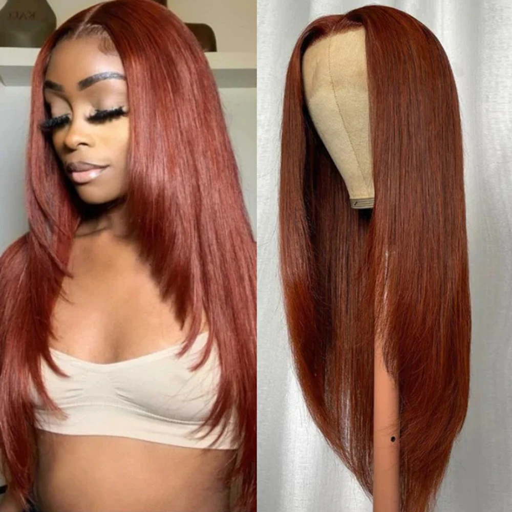 

Reddish Brown Layered Cut 13x4 Lace Front Wig Pre-plucked Red 30 Inches Long Layered Haircut Bone Straight Lace Wigs for Women
