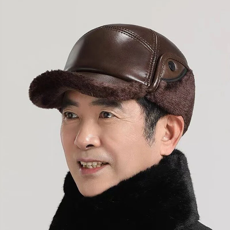 

2024 Winter Men's Hat Thicken Real Leather Cowskin Bomber Hats With Ears Warm Dad's Hats Sombrero De Cuero Del Hombre