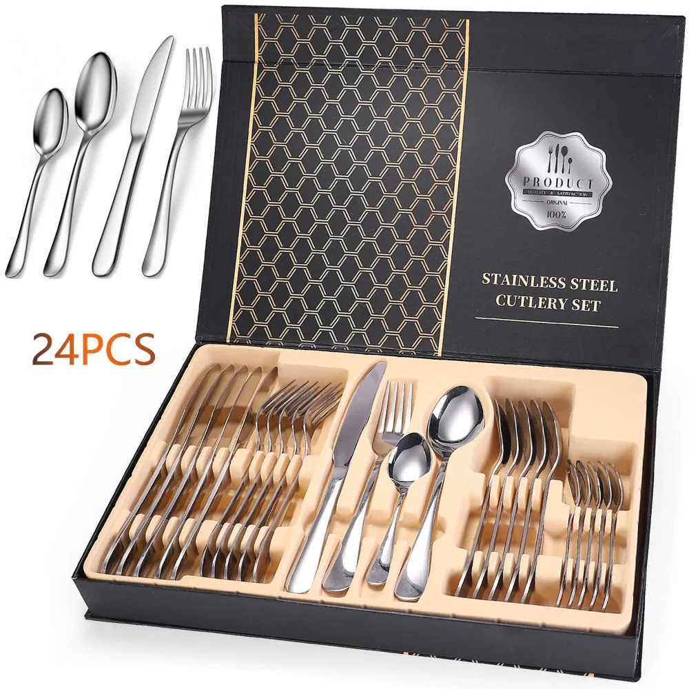 

24 Piece Silverware Flatware Cutlery Set, Stainless Steel Utensils Service for 6, Include Knife Fork Spoon, Mirror Polished