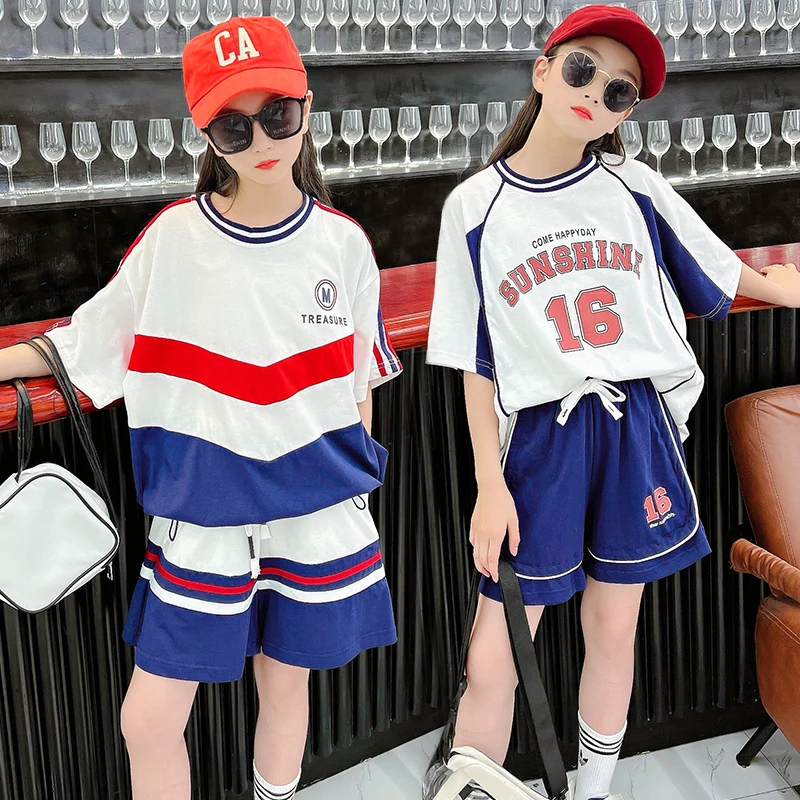 

teen girls shorts set T-shirt+shorts 2pcs kids Color blocking sports suit child outfit clothes ensemble short et top tracksuits