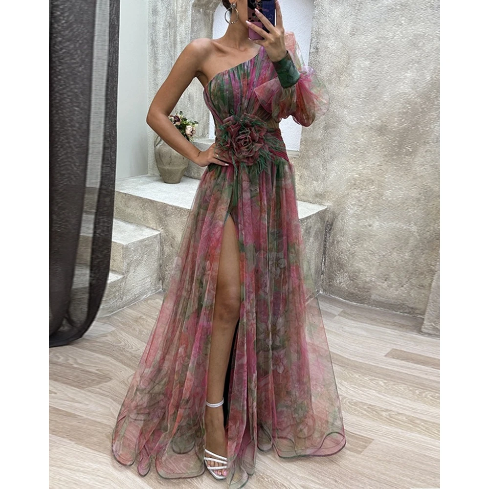 

Elegant Women Sheer Mesh Skew Neck High Slit Maxi Dress Summer Party One Shoulder Ruched Tied Floral Detail Long Outfits Vestido