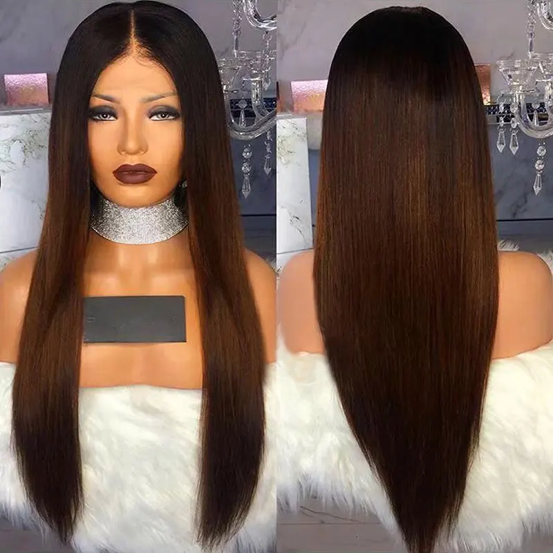 

Synthetic Lace Front Wig Black Ombre Dark Brown Straight Heat Resistant Fiber Hair Pre Plucked Natural Hairline For Women Wigs