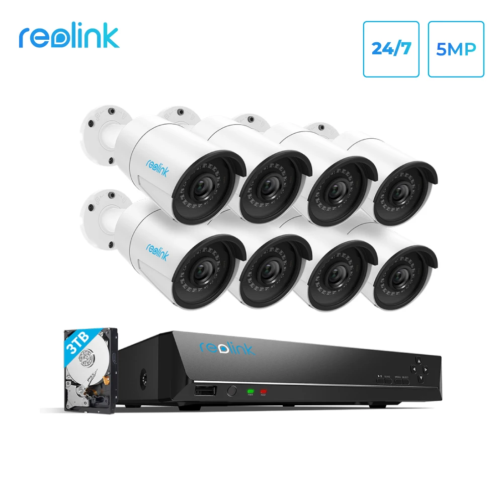 

Reolink RLK16-410B8 5MP Camera System 16ch PoE NVR&8 PoE IP Cameras Bullet Outdoor Surveillance Kit 3TB HDD 2 SATA Slots