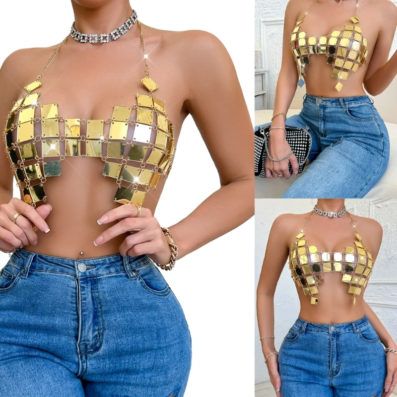 

Women Sequined Sparkles Top Spaghetti Straps V Neck Backless Chain Halters Crop Top Party Blouses Clubwears Gifts