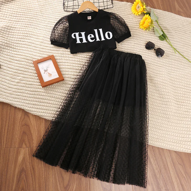 Girls Clothes Set 2022 Summer Fashion Letter Short Sleeves Polka Dot Mesh Skirt Two Pieces 4-12 Yrs Printed Tulle Princess Suit
Girls Clothes Set 2022 Summer Fashion Letter Short Sleeves Polka Dot Mesh Skirt Two Pieces 4-12 Yrs Printed Tulle Princess Suit