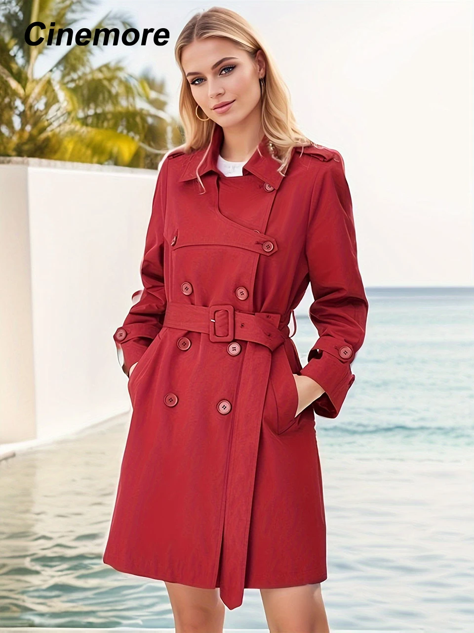 

Cinemore Spring Long Trench Coat for Women Casual Windbreaker Jacket Double Breasted Lapel Belted Windproof Female Overcoat