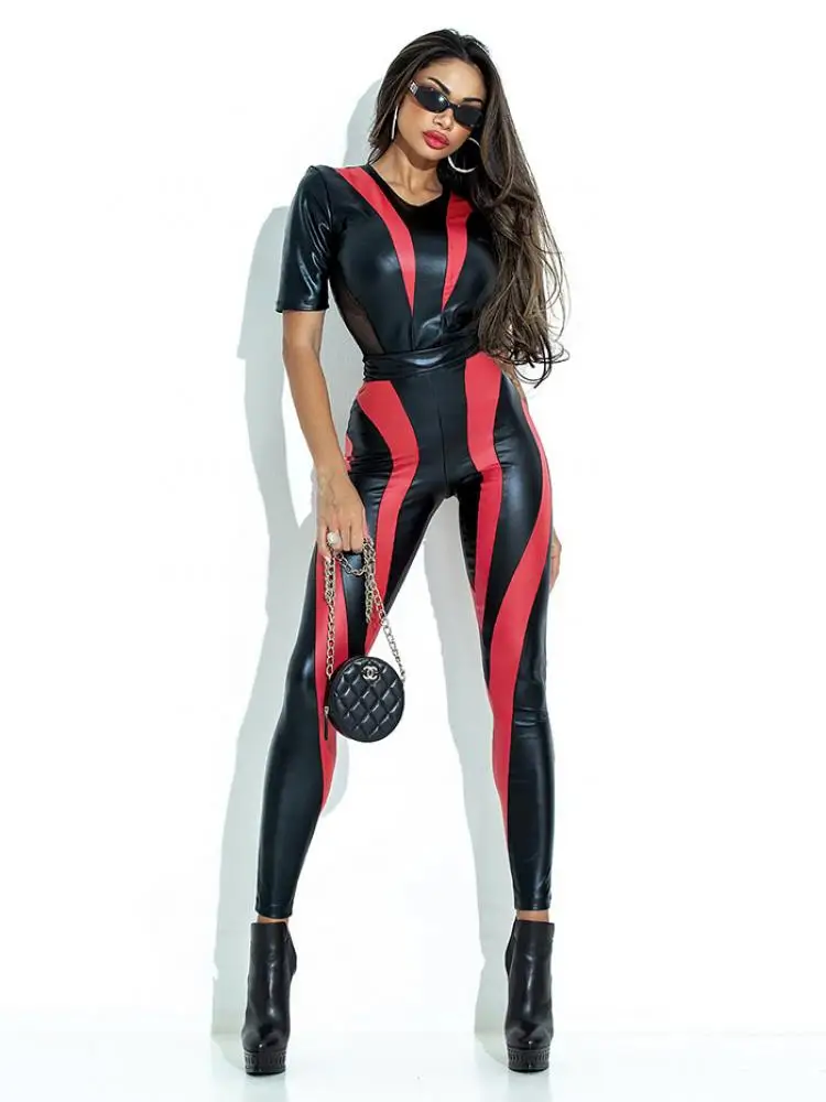 

Modigirl Women's Sportswears Fashion Red Black Contrast Color Jumpsuit 2024 New Summer Short Sleeves Mesh Back Sports Suits