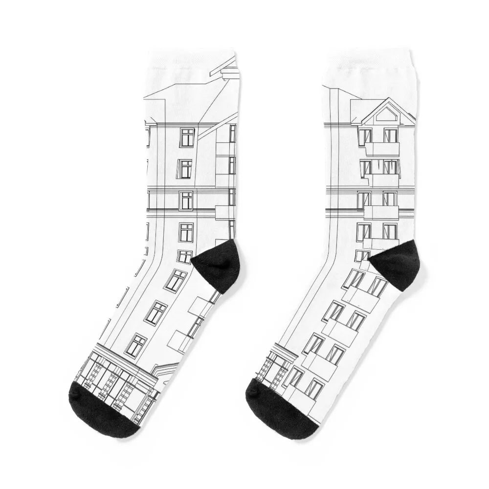 

Multistory building facades, detailed architectural technical drawing, vector blueprint Socks essential man Women's Socks Men's