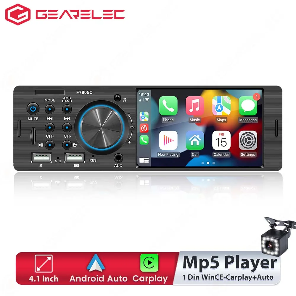 

Автомагнитола Gearelec 7805C, 4,1 дюйма, 1 Din, с сенсорным экраном, MP5, Android-Auto Carplay, Bluetooth, громкой связью, USB, TF