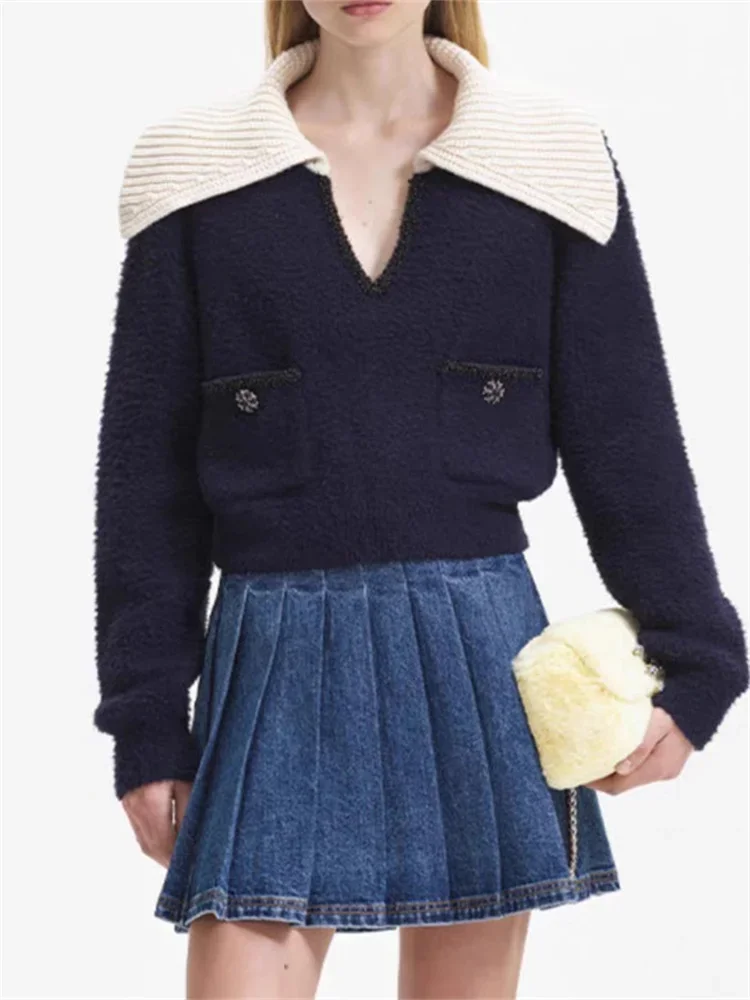 

Women Sweater Contrast Color Sailor Collar Buttons Pockets 2024 Early Spring New Casual Long Sleeve Short Jumpers