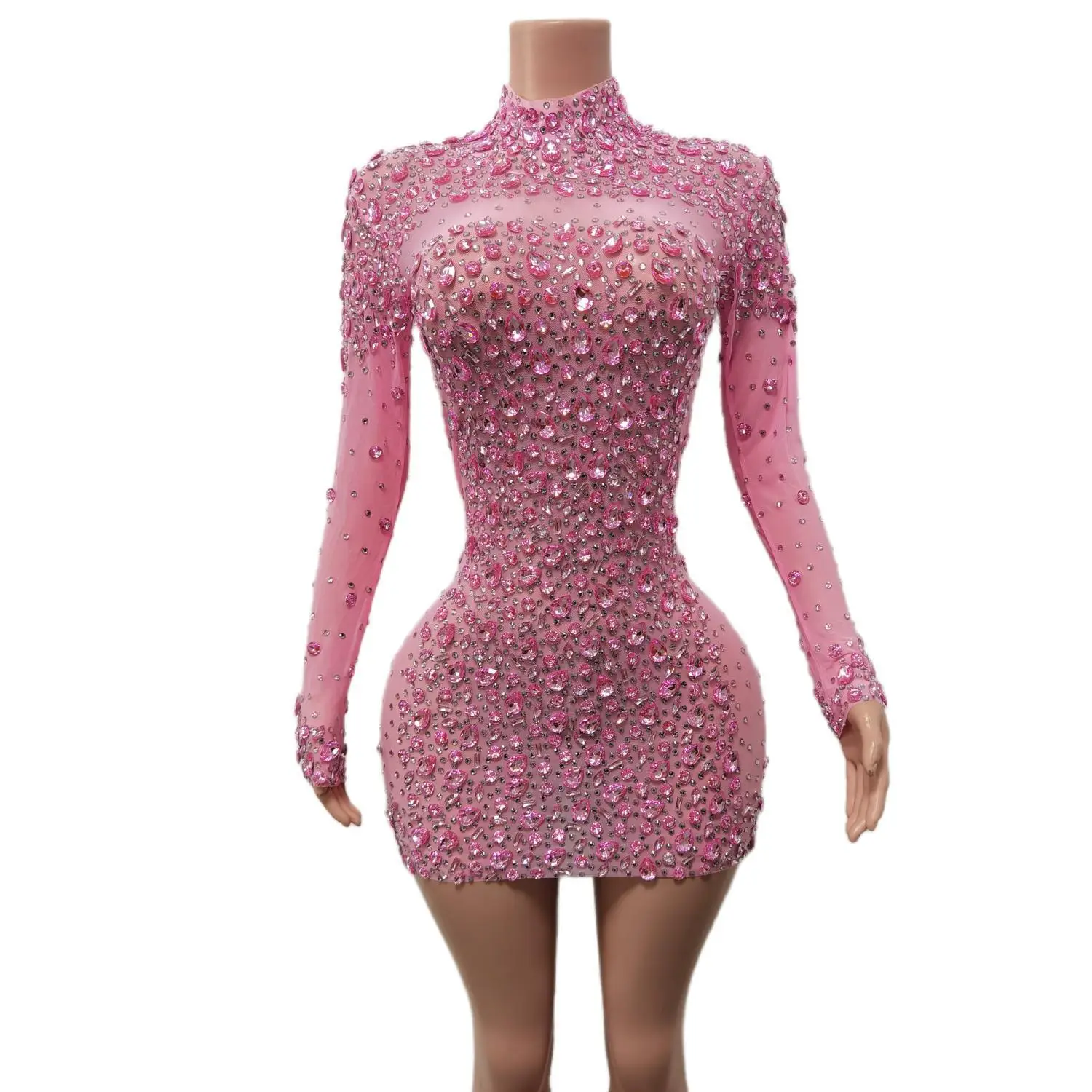 

Sexy Dance Pink Dress Performance Sparkly Pink Rhinestones Dress Women Evening Birthday Celebrate Party Outfit 2024 Cuixing