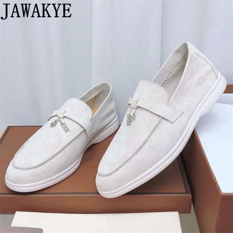 

JAWAKYE Loafers Shoes Ladies Kid Suede White Loafers Metal Lock Lazy Loafers Comfort Walking Oxfords Casual Women Driving Shoes