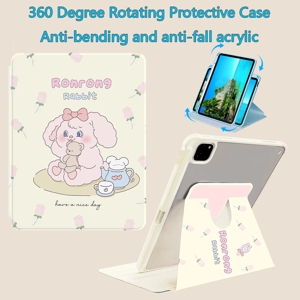 

360 Rotate Acrylic Case for iPad Air1 2 2017 2018 9.7" 10.2" Air5 10.9" Pro11 with Pencil holder Magnetic Cover Auto Wake/Sleep