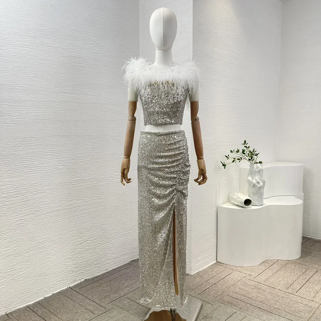 

2024 New High Quality Sequined Feather Tops and Shirring High Slit Midi Skirt Graceful Two Pieces Set for Women