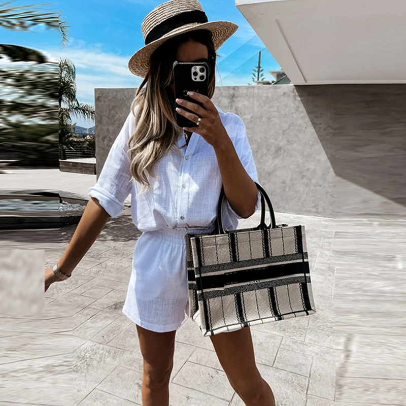 Conjunto de dos piezas de lino y algodón para mujer, camisa con cuello vuelto, Tops y pantalones cortos, traje informal con botones 7