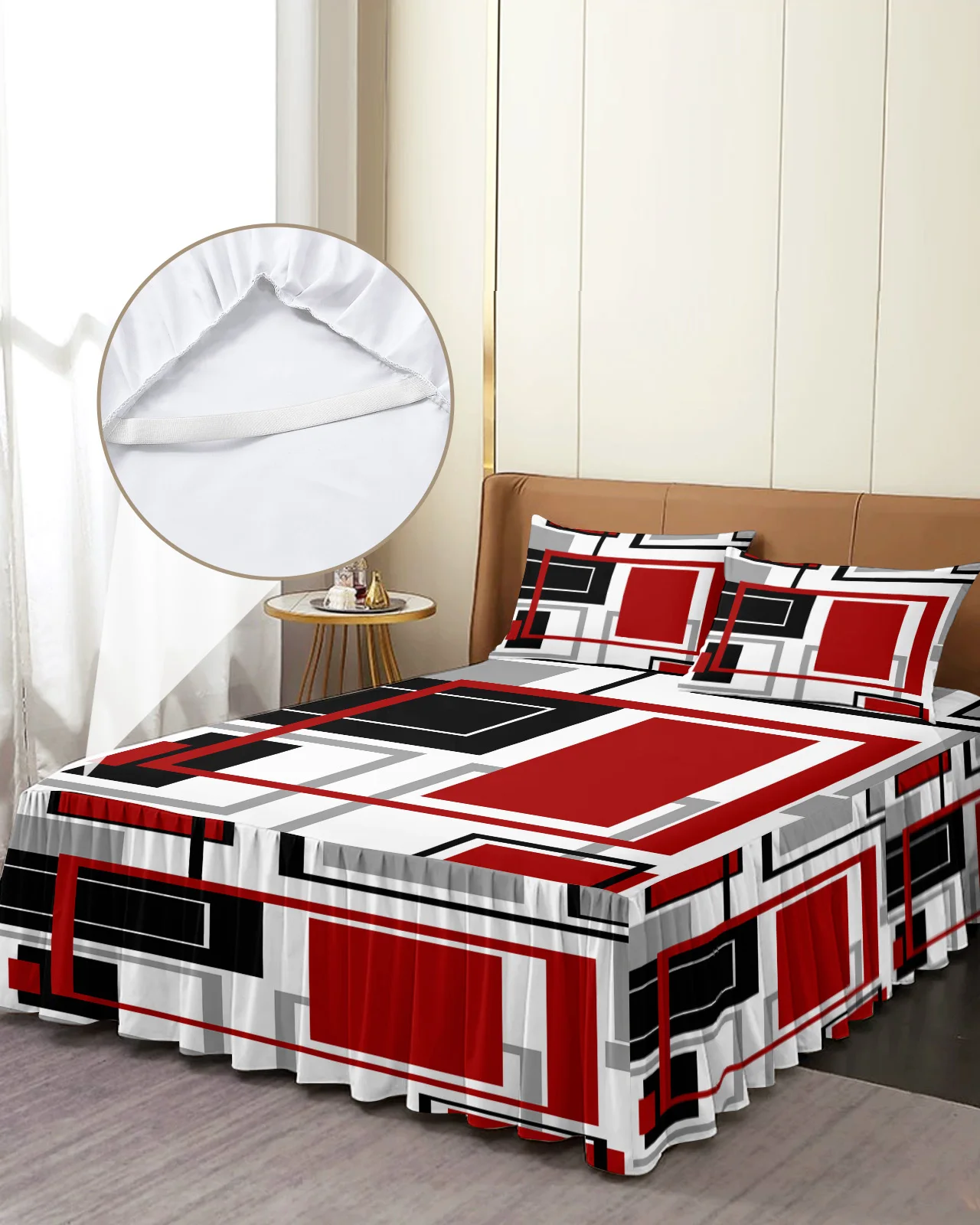 

Abstract Geometry Squares Modern Art Red Bed Skirt Fitted Bedspread With Pillowcases Mattress Cover Bedding Set Bed Sheet