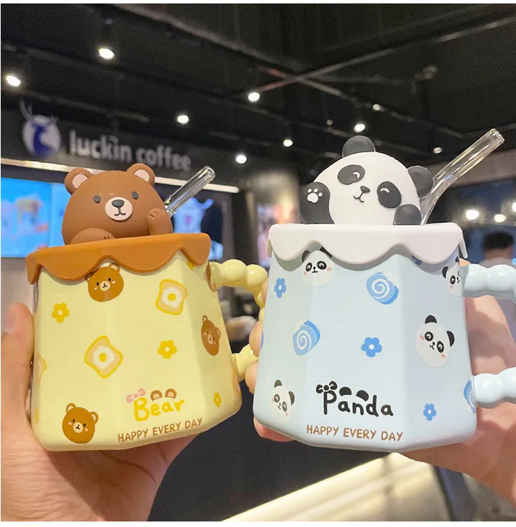 

Cute Cartoon Ceramic Mug with Straw for Office,creative and adorable Mark Cup,high appearance of drink-ware for water and coffee