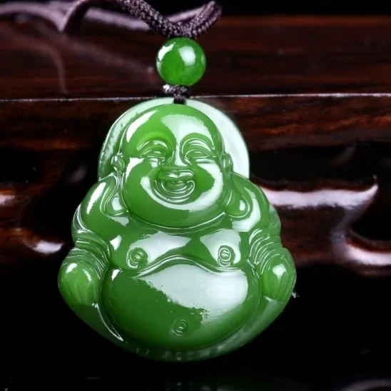 

Chinese xinjiang Green Jade Big belly Buddha Pendant Necklace Jewellery Fashion Accessories Hand-Carved Man Woman Luck Amulet