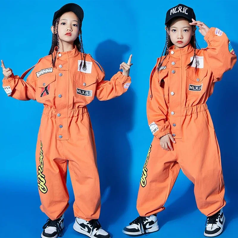 

Kids Cool Short Sleeve Hip Hop Clothing orange Jumpsuit Overalls for Girls Boys Jazz Dance Costume Ballroom Dancing Clothes