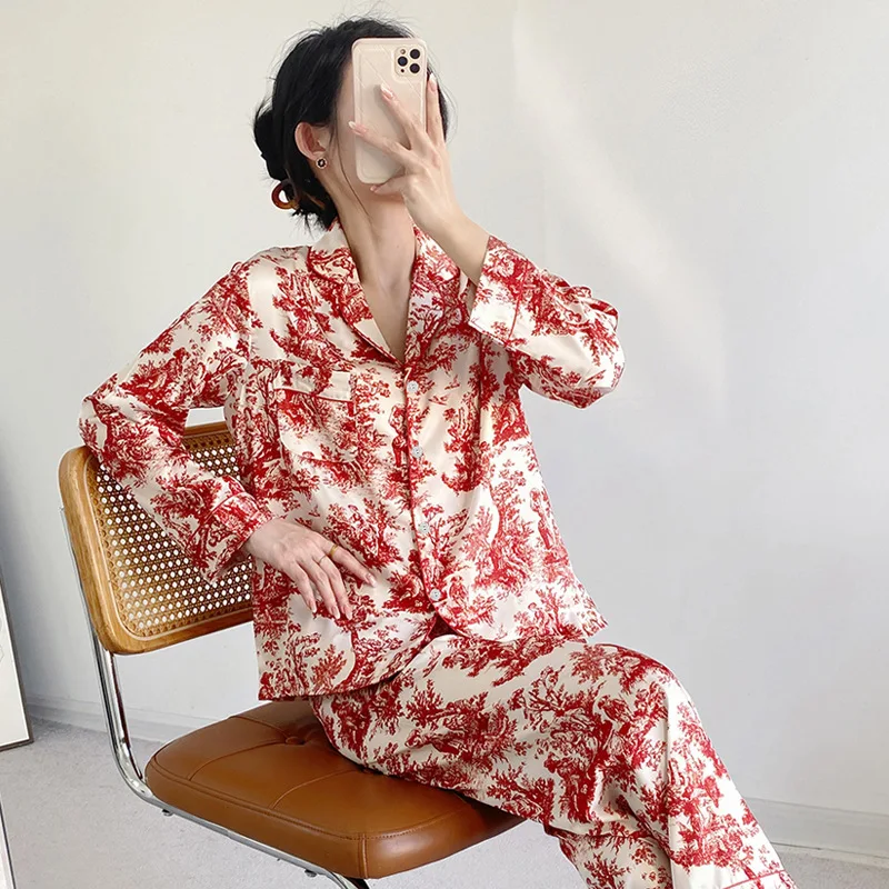 

Пижамный комплект Женский из двух предметов, атласная пижама из искусственного шелка с принтом листьев, одежда для сна с длинным рукавом, домашняя одежда, весна-осень