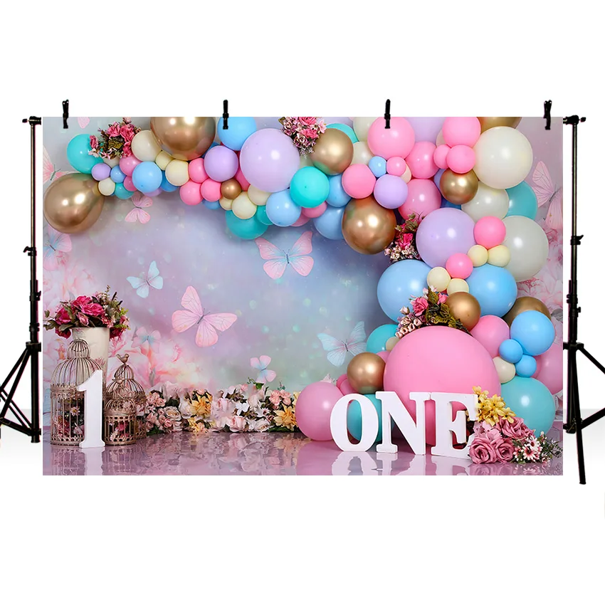 

Photography Background Wonderland Flowers Butterfly Balloons Girl 1st-Birthday Cake Smash Decor Backdrop Photo Studio